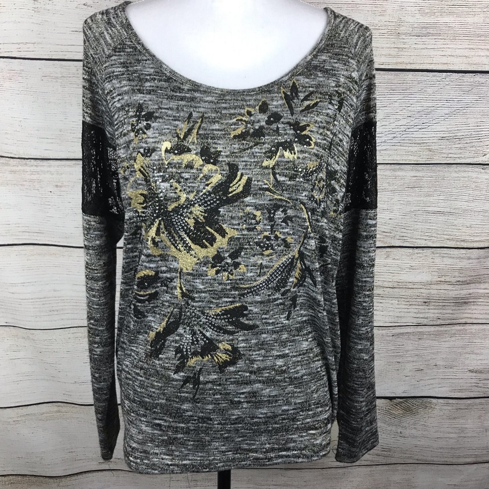 Miss Me long sleeve top metallic detail with lace and rhinestone